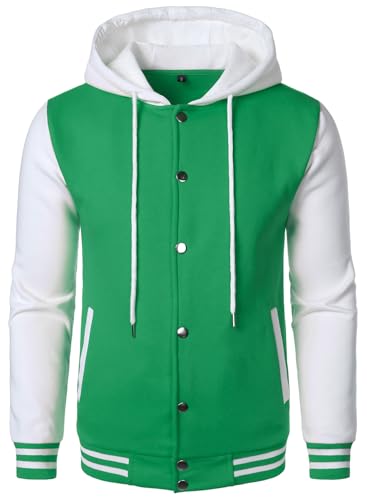 HOOD CREW Hooded Varsity Bomber Jacket Cotton Blend Letterman Hoodie Baseball Jackets for Men Green XL
