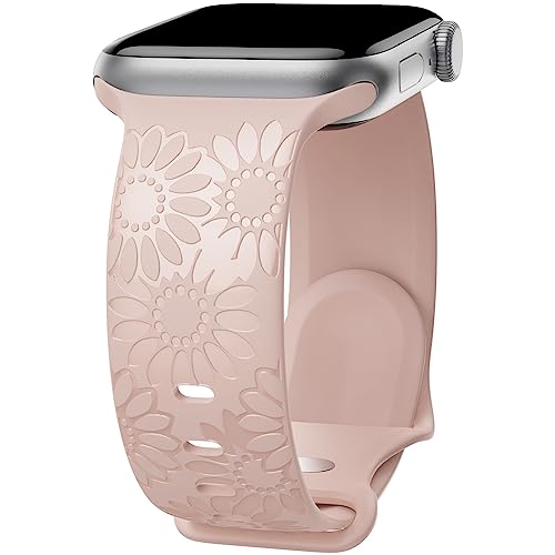 Image of Sunflower Engraved Band Compatible with Apple Watch Bands 38mm 40mm 41mm 42mm 44mm 45mm 49mm Women, Designer Soft Glossy Floral Silicone Strap for iWatch Series Ultra 11 10 9 8 7 6 SE 5 4 3 2 1