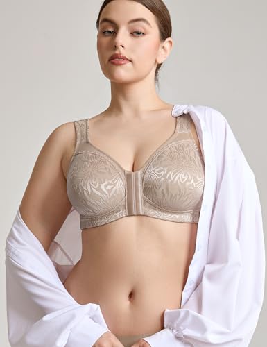Image of Wingslove Women's Front Closure Minimizer Bra Full Coverage Wirefree Comfort Plus Size Racerback Jacquard Non Padded