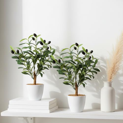 Giegxin 2 Pack 15.8 Inch Small Artificial Olive Tree Indoor 40cm Faux Olive Plant with White Pot for...