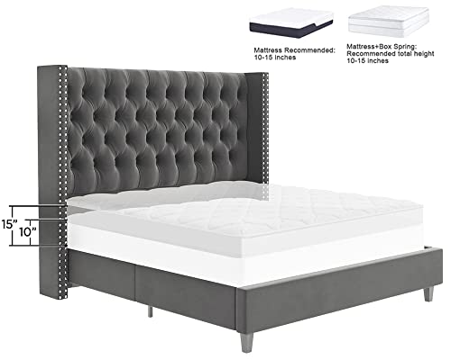 Jocisland King Bed Frame Upholstered Bed Wingback Headboard Velvet Tufted Deep Button/No Box Spring Needed/Easy Assembly/Dark Gray #TOP5