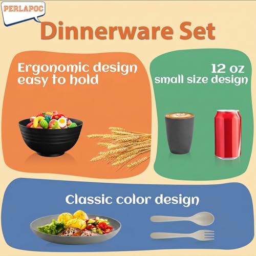 Image of 20 PCS Wheat Straw Plates and Bowls Sets,Kids Dishes Dinnerware Sets for 4,Unbreakable Kitchen Plates and Bowls Set for Travel Dishwasher & Microwave Safe Lightweight Dishes Set - BlackGrey
