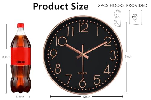 Image of Modern Silent Wall Clock - 12 Inch Wall Clocks Battery Operated Large Number, Non-Ticking Analog Clock with Tempered Glass Quartz Clocks for Living Room Bedroom Office Kitchen, Black Rose Gold