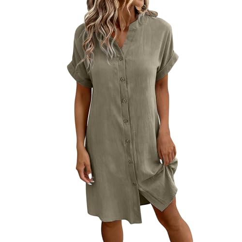 Petite Summer Dresses for Women UK Women's Swim Cover-Ups Casual Short Sleeve Button Down Beach Dress Shirt Loose Fit V Neck Cotton Linen Summer Lightweight Work Party Dailywear Green
