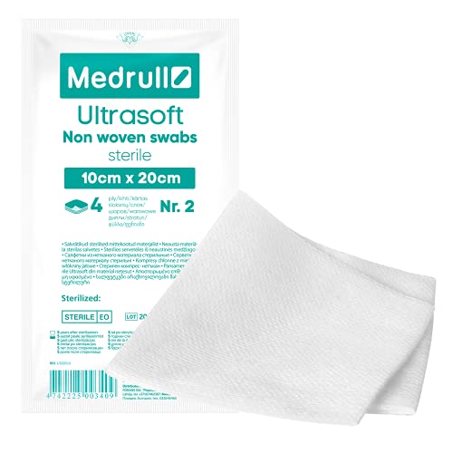 Medrull Compresas estériles no tejidas – Ultrasoft 40 unidades (20 x 2 unidades), 4 capas de 10 x 20 cm – Apósitos absorbentes, vendaje de gasa, vendaje