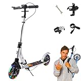 CXYTX Big Wheel Scooter City Scooter Adult LED 180mm, Folding Bar City Scooter with Handbrake, Pedal Scooter Kids from 6 Years Girls Boys Teenager, Kickscooter City Scooter,White