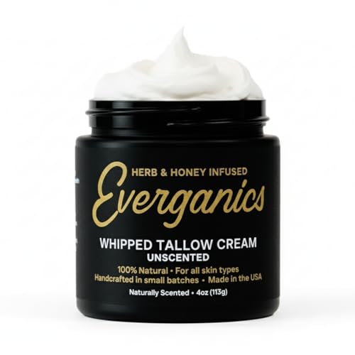 Everganics Organic Matcha-Infused Whipped Tallow Cream for Skin | Grass-Fed Beef Tallow Natural Moisturizer for Face & Body | Made in USA | 4 oz (Large Size)