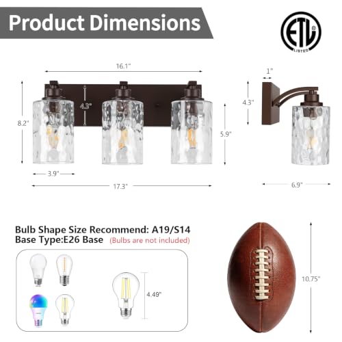 Image of 3-Light Bathroom Light Fixtures Modern ORB Vanity Lights | Easy to Install Clear Hammered Glass Shades, Rippled Glow, Wall Mount Up or Down, E26 Socket, Hardwired, 120V