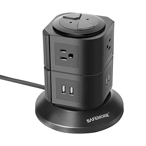 Power Strip Tower,SAFEMORE 6 Outlets Surge Protector with 4 USB(5V/4.2A/21W),Desktop Charging Station with 6.5ft Cord,1050J,Overload Protection,Widely Spaced Outlets Tower Socket for Office(Black)