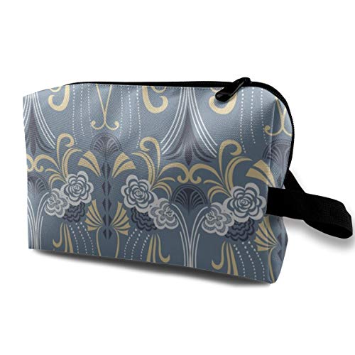 1920's Art Deco On Blue Grey Base_706 - Neceser portátil para Maquillaje, Bolsa organizadora de Viaje para Mujeres y niñas de 10 x 5 x 6.2 Pulgadas