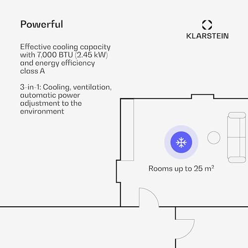 KLARSTEIN Draagbare airconditioning, 7.000 BTU, 3-in-1 airconditioner, draagbaar, met koeling, luchtontvochtiger en ventilator, app/spraakbesturing via Alexa/Google, energiezuinig, voor ruimtes tot 25 - Afbeelding 4