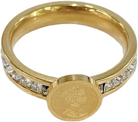 Vintage Cubic Zirconia Portrait Disc Ring for Women Men Titanium Steel 18k Gold Plated Minimalist Round Coin Crystal Statement Thumb Middle Knuckle Finger Band Rings Comfort Fit Fashion Jewelry Size 6/7/8