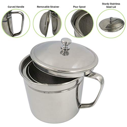 Evelots Bacon Grease Container With Fine Mesh Strainer-Large 5-Cups Stainless Cooking Oil Can For Kitchen Fat Storage With Easy-Grip Handle #TOP5