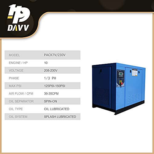 Hpdavv Rotary Screw Air Compressor 10Hp / 7.5Kw - 39-35Cfm @ 125-150Psi - 230V/ 1 Or 3-Phase/ 60Hz - Npt3/4" Variable Frequency Drive - Commercial Air Compressed System - Pack7V #TOP1