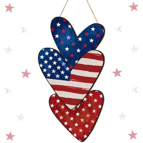 Anglechic 4th of July Hanging Door Sign Wooden Independence Day Decorations Patriotic Door Hanger American Rustic Wooden Plaque for Wall Front Porch Outdoor Farmhouse (Heart Style)