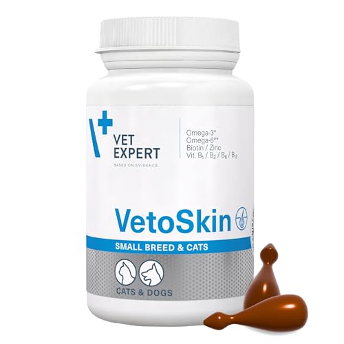 Vet Expert VetoSkin Razas Pequeñas y Gatos – 65 cápsulas Twist Off – Suplemento Omega-3 y Omega-6 para perros y gatos | Apoya la salud de la piel y el pelaje brillante | Fórmula de zinc y vitaminas B