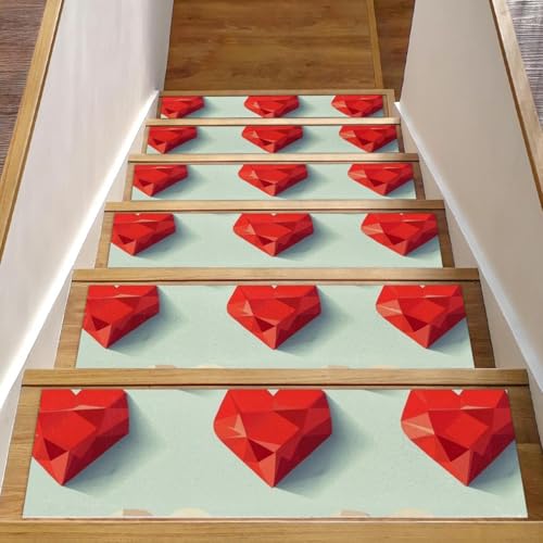 Alfombras para escaleras de madera antideslizantes lavables con corazones rojos, pack de 15 2