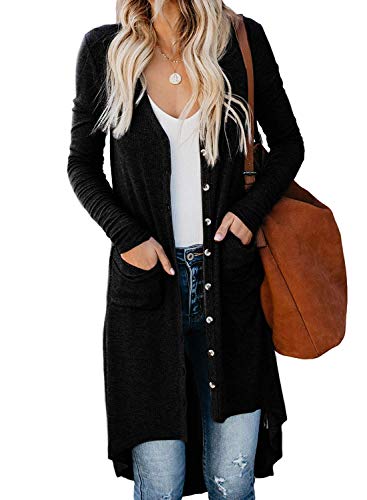 Long Black Cardigans, Button Down Long Sleeve Solid Color Knit Cardigans for Women Black,XL