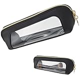 1 PACK Clear Makeup Bag, Leather Makeup Brush Bag, Double Sided Clear Toiletry Bag for Women, Portable Brush Bag Transparent Travel Cosmetic Bag, Makeup Case with Zipper