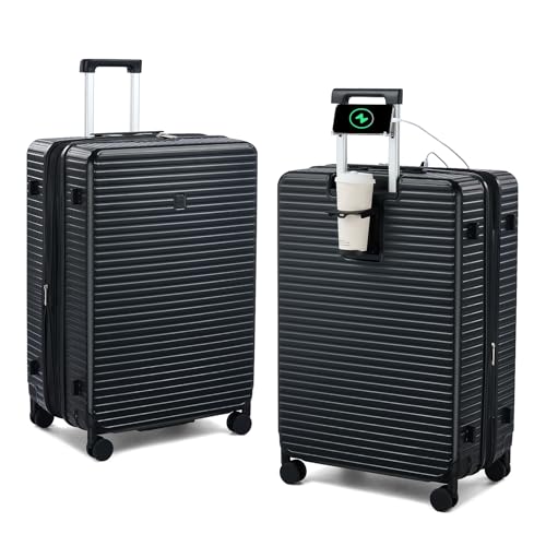 HanTrip 28 Inch Luggage Hard Shell Suitcases, Expandable Travel Checked Luggage 28 Inch, Large Check In Luggage with Spinner Wheels Cup Holder Charger Built in Lightweight Suitcase, Black