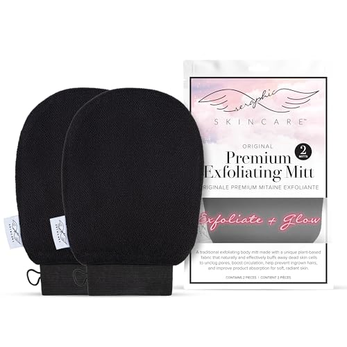 Seraphic Skincare (Original) Premium Exfoliating Mitt for Body (2pc) – 100% Vegan Viscose Traditional Body Scrub Glove Kessa Korean Washcloth – Body Exfoliator for Self-Tan Removal & Keratosis Pilaris
