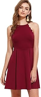Romwe Women's Sweet Scallop Sleeveless Flared Swing Pleated A-line Skater Dress Burgundy XS