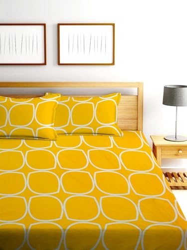 Image of la' amour Pure Cotton 220tc Flat Single Bedsheets for Summer Breathable | Wrinklefree Super Soft (Size-60 X 90 Inch or 228x152 cm) with 1 Pillow Covers (Size-17 X 27 Inches,Oval Print Yellow & White)| TC - 220