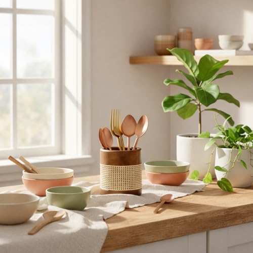 Image of Wooden Cutlery Holder for Kitchen Counter (Round Cutlery) | Vervique Emporium Wooden Cutlery Holder with Removable Compartments