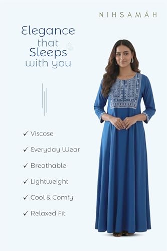Image of NIHSAMAH Viscose Nighty for Women, Embroidered & Printed Stylish Night Gown, Long Sleeve Comfortable Sleepwear Long Nightwear, Maxi