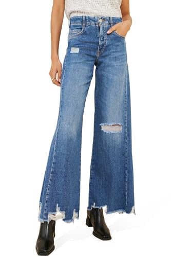 Women's High Waisted Wide Leg Jeans Ripped Distressed Frayed Raw Hem Denim Pants 2025 Trendy