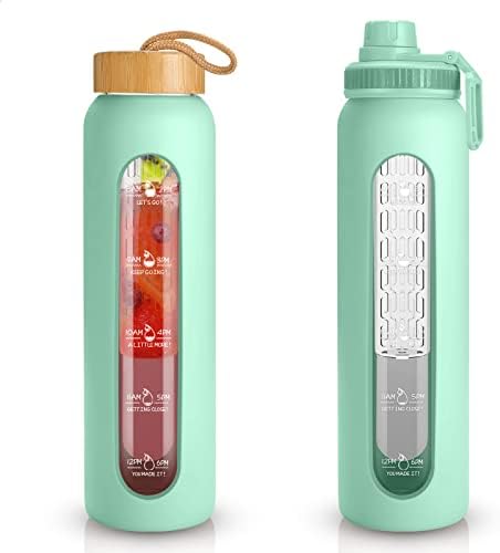 Sursip 32oz Glass Water Bottle with Time Marker and 2 Lids-Spout Lid/Bamboo Lid，Reusable motivational Glass…