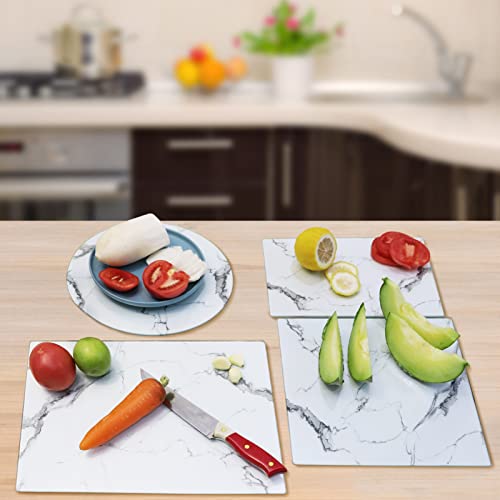 Vasuhome Glass Cutting Board Set Of 4, The Place Mat,Shape Variety Decorative Marble Cutting Board With Tempered Glass, For Kitchen, White #TOP3