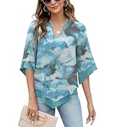 Micoson Womens 3/4 Sleeve Chiffon Blouses V Neck Double Layers Mesh Shirts Dressy Flowy Tunic Tops