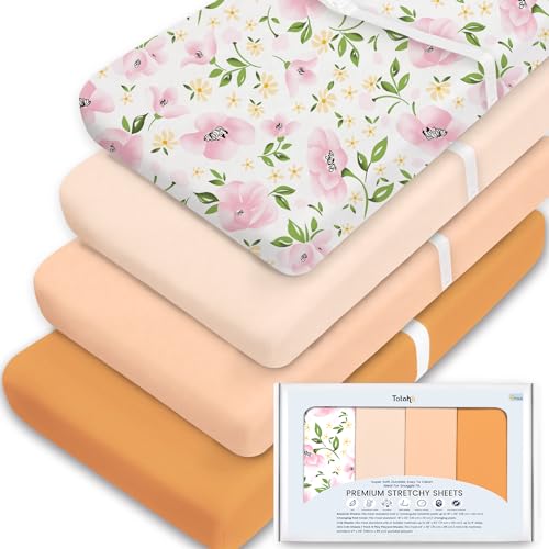Image of TotAha Premium Stretchy Changing Pad Covers (2-Pack) Hypoallergenic, Silky Comfort, Buttery Soft, Calming Effect, All-Season Jersey-Knit 5'' Deep Pocket(Pale Pink Floral)