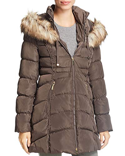 Laundry by Shelli Segal Faux-Fur-Trim Hooded Puffer Coat,Taupe (X-Large)