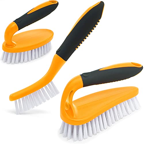 Scrub Brush Set of 3pcs - Cleaning Shower Scrubber with Ergonomic Handle and Durable Bristles - Grout Cleaner Brush - Brushes for Cleaning Bathroom/Shower/Tile/Kitchen/Floor/Bathtub/Carpet (Orangе)