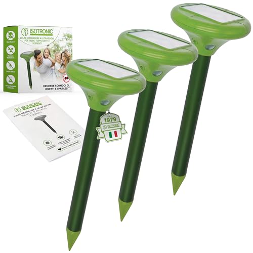 ISOTRONIC Deterrente per talpa con LED | Repellente a energia solare | Set di 3 | Dissuasore a ultrasuoni con picchetto per terra | Protezione contro talpe, serpenti, arvicole e formiche