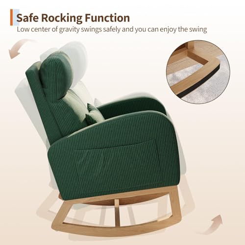 Modern Corduroy Rocking Chair - Cozy Reclining Glider with Pillow & Armrest Pocket - Upholstered Accent Chair for Living Room, Bedroom or Nursery - Dark Green Corduroy Without Footrest by JoanKaren - Image 6