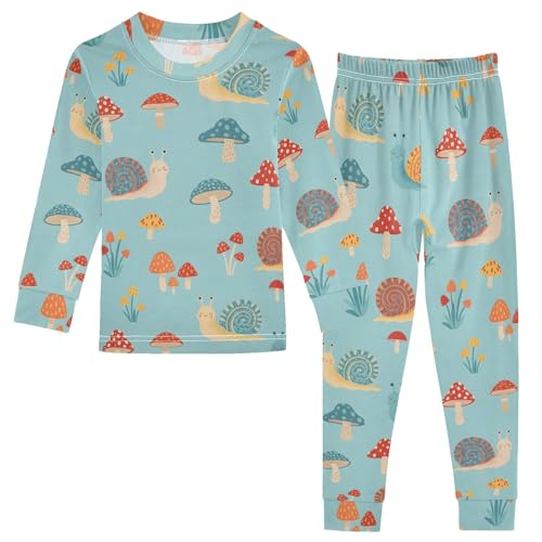 Pajama Sets Long Sleeve Snails Mushrooms Flowers on Blue Soft Comfy Sleepwear 2 Piece PJS 3-8T