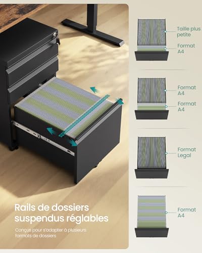 Caisson bureau 3 tiroirs acier verrouillable SONGMICS