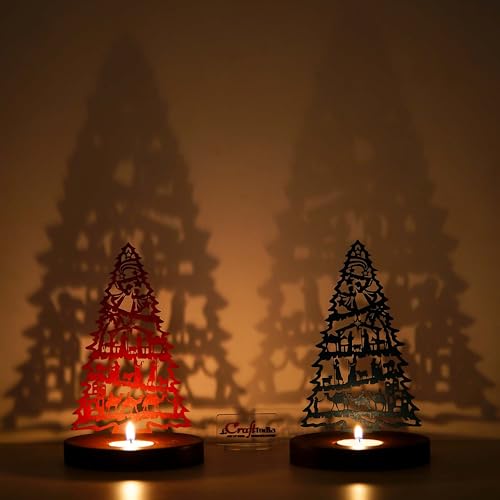 eCraftIndia Jesus Nativity Scene Christmas Tree Tea Light Candle Holders(Set of 2 Wooden Red Green) | Christmas Decorations Items for Home Office Decor Xmas Gifts for Women Men Family Friends