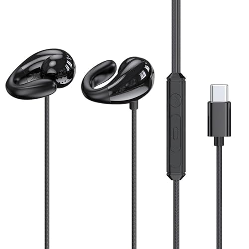 fesoklaf Auriculares de clip de oreja abierta con cable para correr con micrófono de 3,5 mm/conector tipo C, control en línea, auriculares estéreo para oficina, ciclismo, correr, gimnasio,