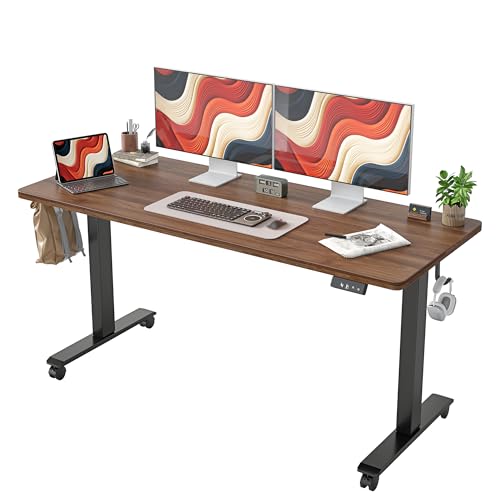 TIQLAB Electric Standing Desk, Adjustable Height Stand up Desk, 63 * 24 Inches Sit Stand Home Office Table with Splice Board, Black Walnut