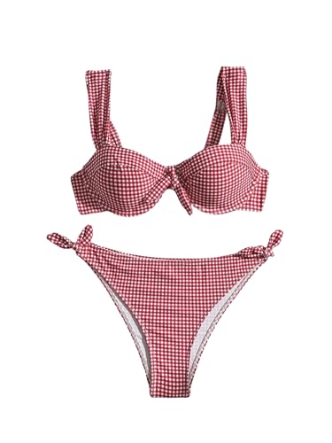 MakeMeChic Women's 2 Piece Plaid Bikini Sets Gingham Print Bow Knot Backless Swimsuits High Waist Bathing Suit