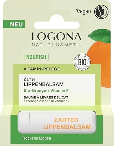 LOGONA NOURISH - Bálsamo labial delicado orgánico naranja + vitamina F, protege contra la deshidratación y cuida suavemente los labios sensibles, 4,6 g