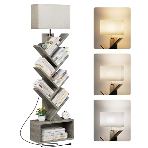 Image of Evermagin 6 Tier Tree Bookshelf with Light, Narrow Bookcase Tower, Tall Floor Standing Book Shelf Organizer with Storage Cabinet for Living Room, Bedroom and Home Office, Gray