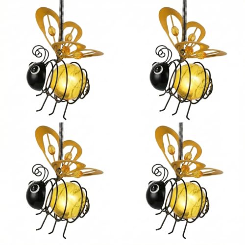 Solar Hanging Bee Light Outdoor Metal Garden Decor with LED Glow Yellow Glass Body Waterproof Solar Powered Insect Ornament for Yard Tree Porch Patio Outdoor Lighted Holiday Displays (4 Pack)