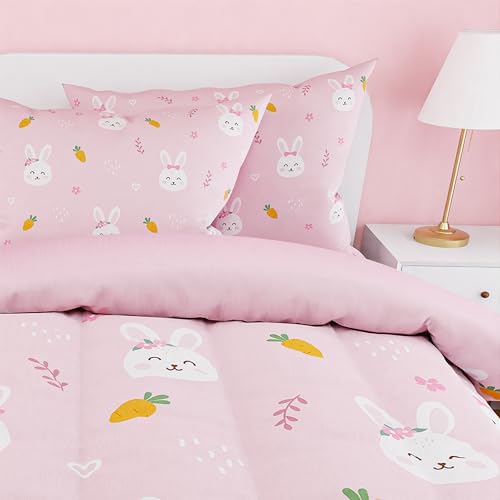 Image of SANDJEST Rabbit Comforter Set Twin Size 68x86in for Kids Girls, Microfiber 3 Pcs Bedding Set Includes 1 Comforter, 1 Pillowcase, 1 Fitted Sheet, Nursery Room Decor