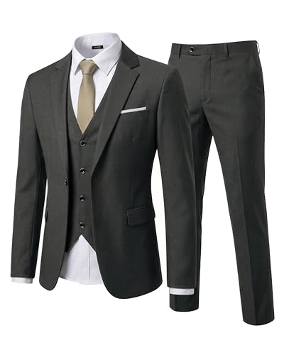 YND Men's Slim Fit 3 Piece Suit Set, One Button Solid Blazer Vest Pants with Tie, for Wedding Party Proms and Business, Deep Grey