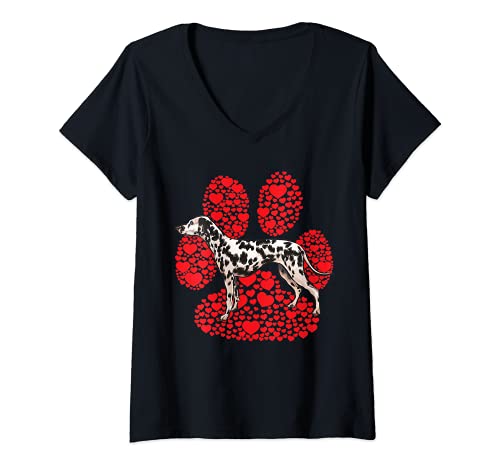 Womens Dalmatian Valentines Day Dog Love Paw V-Neck T-Shirt, Black
